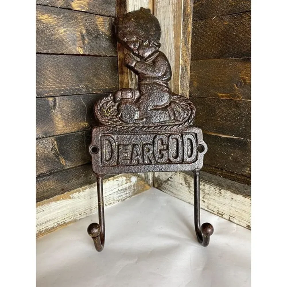 Rustic Cast Iron Child Praying Double Wall Hook Coat Towel Key Hanger Brown
